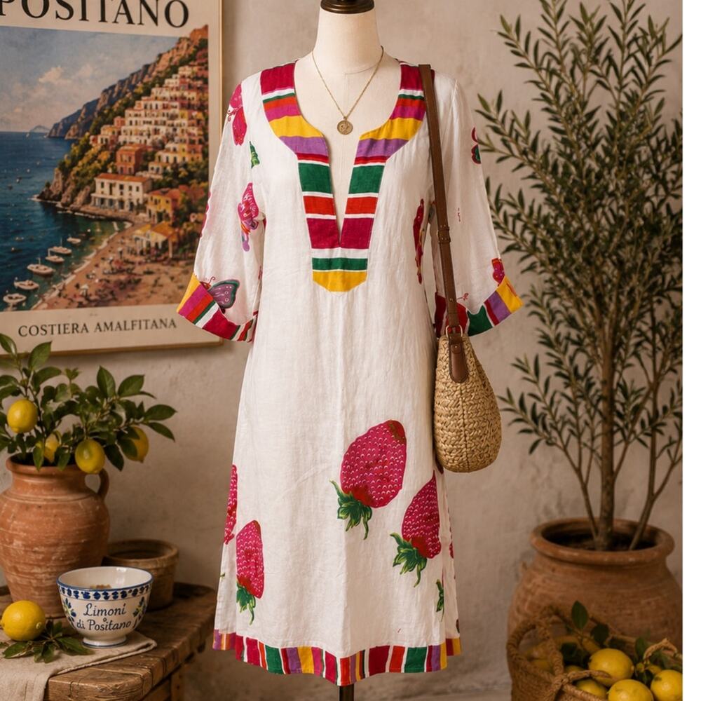 Antica Sartoria Positano Italy Fruit Butterfly Print Tunic Dress Cover up Small